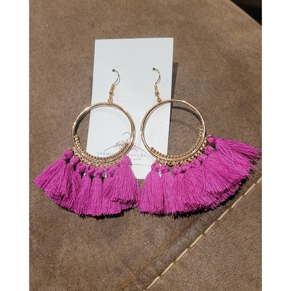 Fuchsia Tassel Open Teardrop Dangle Earrings – Gold Tone Hook Style - Picture 1 of 5
